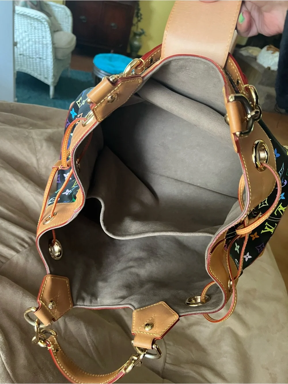 Louis Vuitton Ursela- Black Multicolor Monogram Shoulder Bag with Tan Trim - Picture 11 of 13